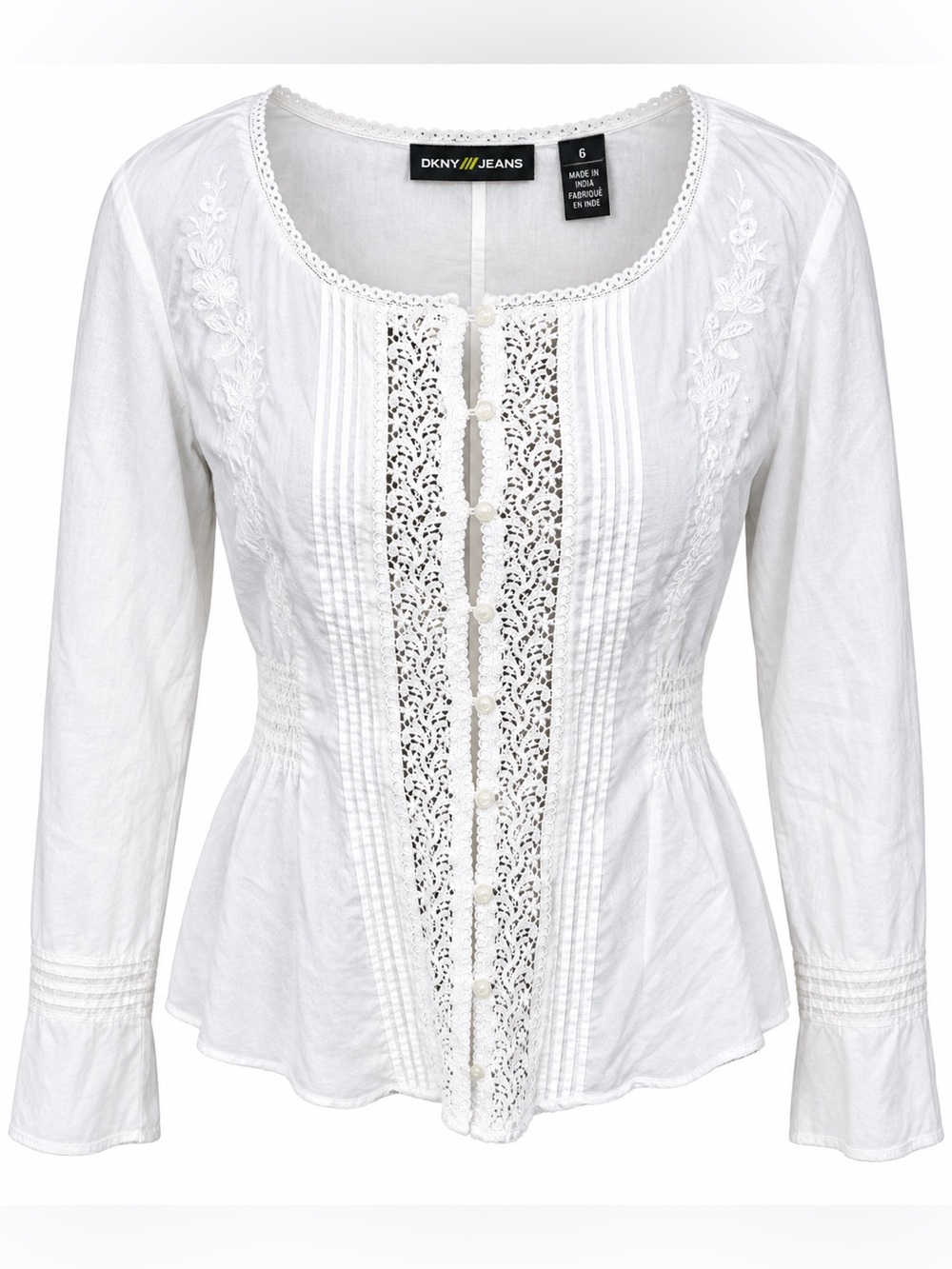 Vintage DKNY Jeans White Lace Embroidered Peasant Blouse Cottagecore Top Size 6